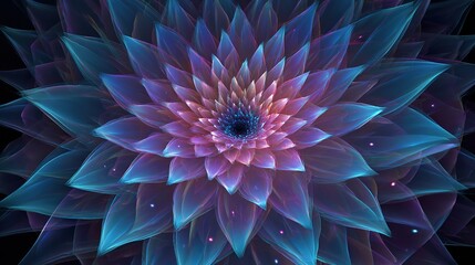A fractal-like, luminescent floral design radiates outward, showcasing layered petals in a spectrum of colors