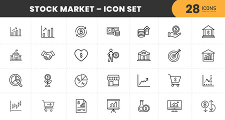  Stock Market Icon Set – 28 Thin Line Finance Icons Including Bitcoin, Growth Chart, Money, Investment, Bank, Business, Profit, and Economy Symbols with transparent Background.