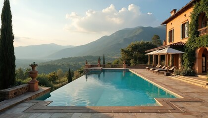 Fototapeta premium Luxury villa with infinity pool offers majestic mountain views. Elegant Tuscan estate provides serene countryside escape. Peaceful vacation destination with sun loungers and umbrellas.