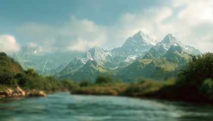 Obraz premium Scenic Mountain Range And Majestic River: An Awe-Inspiring Landscape Of Towering Peaks And Flowing Waters That Captivates The Senses.