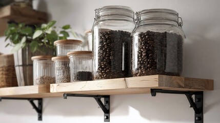 Two glass jars filled with coffee beans sit atop a light-colored wooden shelf, alongside other clear glass jars and a plant