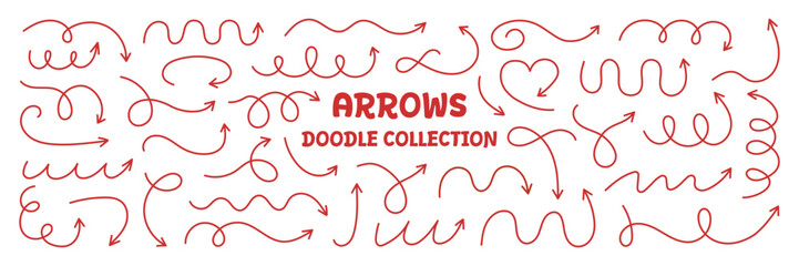 Squiggly red arrows doodle set. Curve and Spiral comic symbols in sketch style. Hand drawn vector illustration isolated on white background