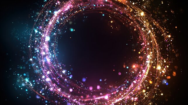 A vibrant, swirling ring of light particles against a black background, with various colors and bokeh effect