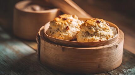 Two golden-brown,  steamed buns in a wooden bamboo steamer