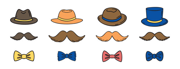 Set of mens hat mustache and bow tie variations, hand drawn doodle