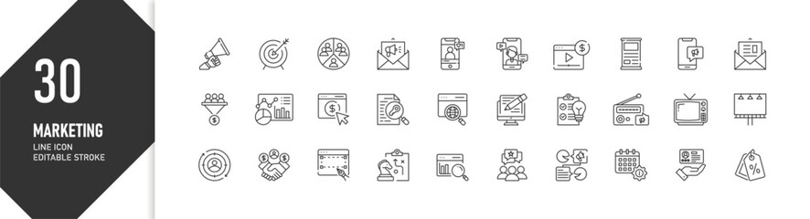 30 Marketing and Advertising Line Icons Vector Illustration Set