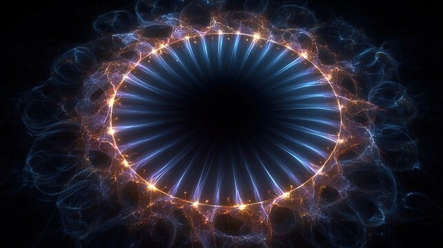 Intricate circular design features radial lines and swirling energy, with a dark center and glowing edges