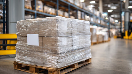 Shrink-wrapped pallet loaded with mixed food boxes, plastic wrap tightly bound, background showing warehouse aisles and towering shelves