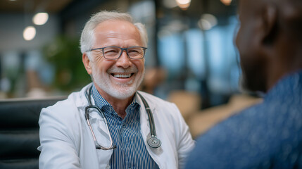 Compassionate doctor listening to patientâs breathing with stethoscope, clean and well-lit medical room with modern furniture and equipment