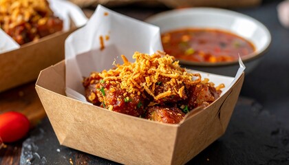 Thai Moo Tod Fried Pork chunks garnished with fried garlic