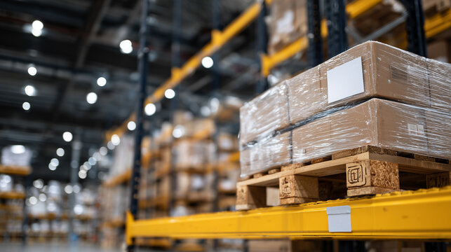 Close-up pallet filled with wrapped packaged food products, industrial warehouse background with high racks, strong overhead lighting - Powered by Adobe