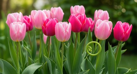 Beautiful pink tulips blooming in a spring garden.