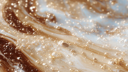 Macro capture of smooth frothy surface with shimmering bubbles in creamy liquid, perfect for dairy or coffee visuals