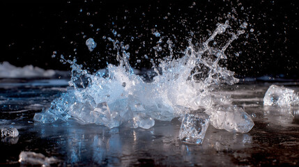 Ice cubes colliding and exploding into fractured shards, dynamic water splash bursting outward on reflective dark icy floor