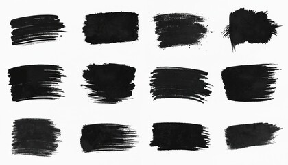 Collection of black marker brush strokes on white background. Use for emphasis and design elements. Graphic abstract shapes, grunge textures, and handwritten marks for posters, banners, and labels.