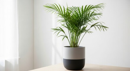 Fototapeta premium Areca Palm houseplant in a modern pot on a wooden table.
