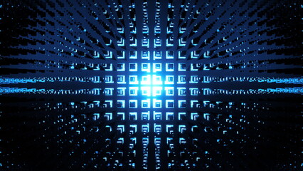 Corporate blue hi tech background with a moving wall of technology boxes creating a wave motion perfect for business presentations a 3d render
