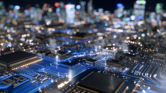 Detailed electronic board with layered circuits and tiny components, copper traces shining under bright light, modern engineering and innovation concept