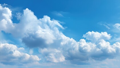 Obraz premium Soft White Clouds In A Blue Sky: A Natural Cloudscape With Wide Horizontal Wallpaper And Ample Copy Space. Nature At Its Finest.