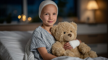 Young bald child seated on hospital bed hugging a teddy bear, medical bandage on arm, subtle warm lighting highlighting innocence and resilience