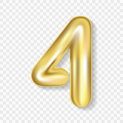 Editable realistic 3D illustration of gold balloon number 4. Gold balloon number 4 isolated. Vector Illustration of gold balloon number 4 on transparent background