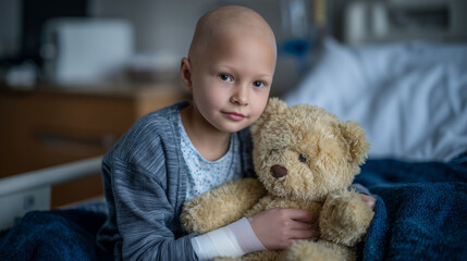 Small child with bald head gently hugging a teddy bear, plaster on forearm, hospital gown, soft focus background emphasizing warmth and care
