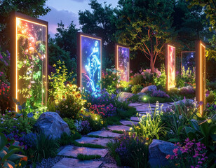 Fototapeta premium Visual detox garden where glowing holograms replace digital screens encouraging connection with nature and self.