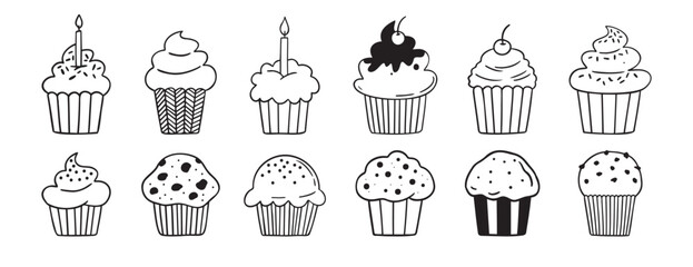 Baked dessert for birthday party muffins or cupcakes doodle hand drawn icon set. Outline drawing line clipart symbol collection