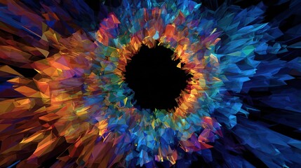 Abstract, geometric swirl of colored shards radiating from a black central void, on dark backdrop