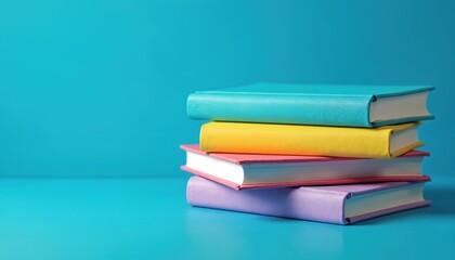 Fototapeta premium Stack of bright books lies on azure surface. Colorful textbook pile offers literary studies, school or library supplies concept. Reading material for students, knowledge source or literature.
