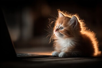 Anthropomorphic kitten's fearful night at the laptop. Messenger usage effects. The double-edged nature of constant digital communication. Digital social pressure. Chatting mental cost.