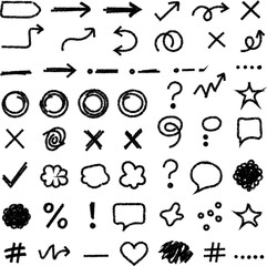 Hand-Drawn Doodle and Brush Stroke Vector Elements Set. Sketchy arrows, circles, checkmarks, and annotations for graphic design and emphasis.