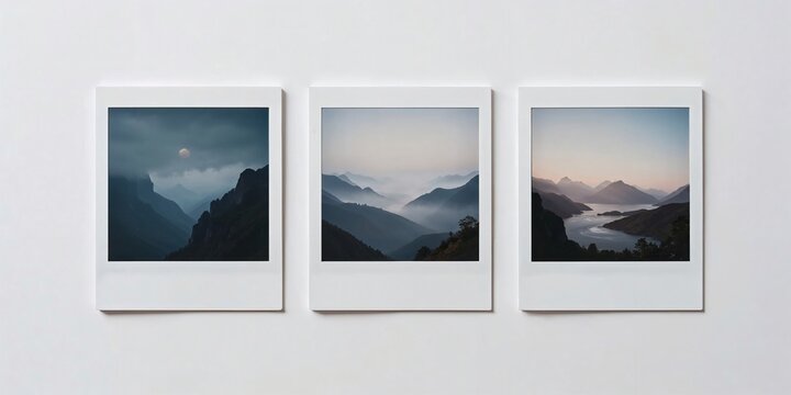 Three Polaroid-style photos capture the serene beauty of misty mountains and a tranquil lake, conveying a narrative of time's passage in nature.