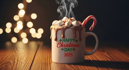Steaming mug of hot chocolate with marshmallows and candy cane on a wooden table with bokeh lights
