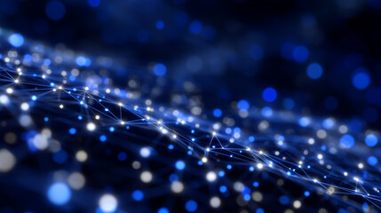 Fototapeta premium Futuristic blue abstract network with glowing nodes and connecting lines, representing medical technology and scientific data flow, digital grid background
