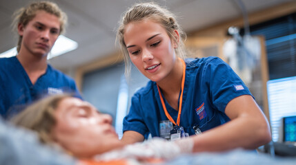 Nurses practicing intensive patient care techniques during training session, teamwork emphasized, bright and organized classroom environment