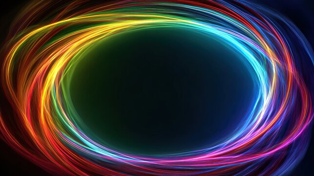 A vibrant circular design with interwoven, glowing lines, creating a dynamic spectrum against a dark void