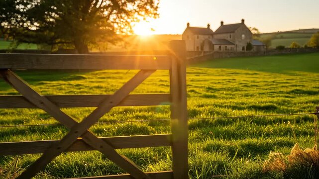 Sunset over charming country farm with historic house and wooden gate showing golden light on grassy field, footage