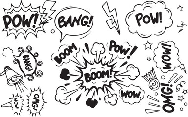 Comic boom cartoon effect line element set. Comic speech bubble pow, boom text, explosive splash smoke, wow cartoon vector icon. Hand drawn sketch doodle explosive element. Vector illustration