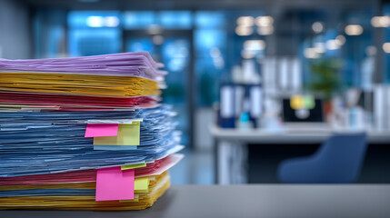 Close-up view of piled healthcare documentation, patient files with visible labels and colored tabs, soft focus on background medical equipment