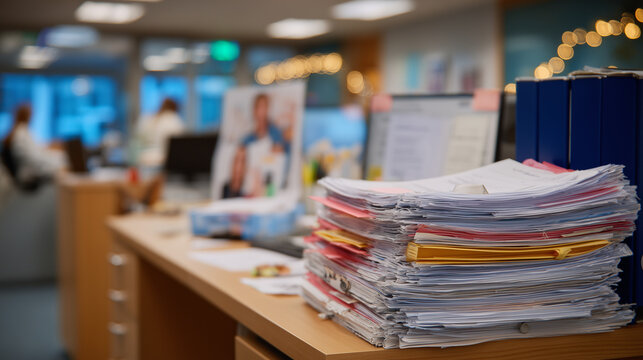 Stacks of medical files and patient charts in a doctorâs office, close-up showing detailed papers, folders, and organized paperwork - Powered by Adobe