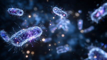 Obraz premium Detailed cellular view of microorganisms, high-magnification imaging, fluorescent bacterial structures, microbiology research concept with scientific data aesthetic