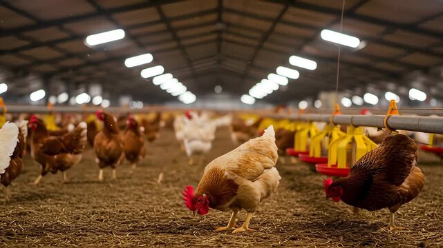 Chickens walking and pecking for food inside a large poultry farm building, representing modern agriculture and animal husbandry footage