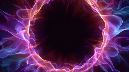 A dark central void encircled by vibrant, swirling energy in shades of purple, pink, and orange