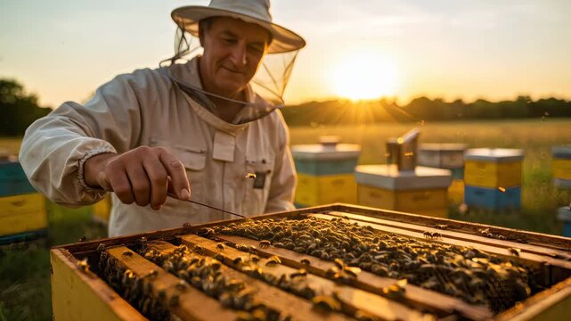 Beekeeper man inspecting frame with bees in apiary at sunset in field. Professional beekeeping for natural honey production footage.