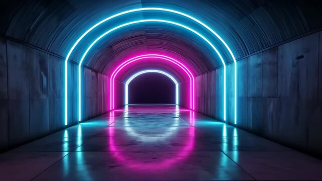 Neon Tunnel: A captivating neon tunnel with vibrant blue and magenta arches creates a stunning display of modern art, its reflection shimmering on the sleek floor.