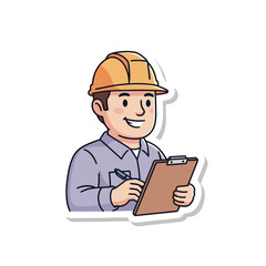 A construction worker wearing a yellow hard hat, holding a clipboard, and smiling while taking notes.