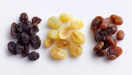 Obraz premium Bird'S Eye View Of Dehydrated Mixed Fruit And Raisins On A White Background: An Assortment Of Dried Fruits And Grapes.