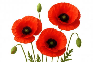 Red poppy flowers with green buds and stems, symbolizing remembrance and nature, on a transparent background