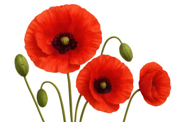 Obraz premium Red poppies blooming, fresh green buds on stems, papaver rhoeas floral elements with transparent background